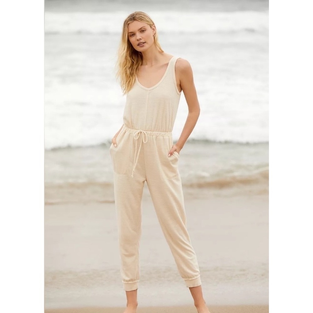 Free People FP Beach Bi Coastal Jumpsuit Women Medium Beige Sleeveless Knit